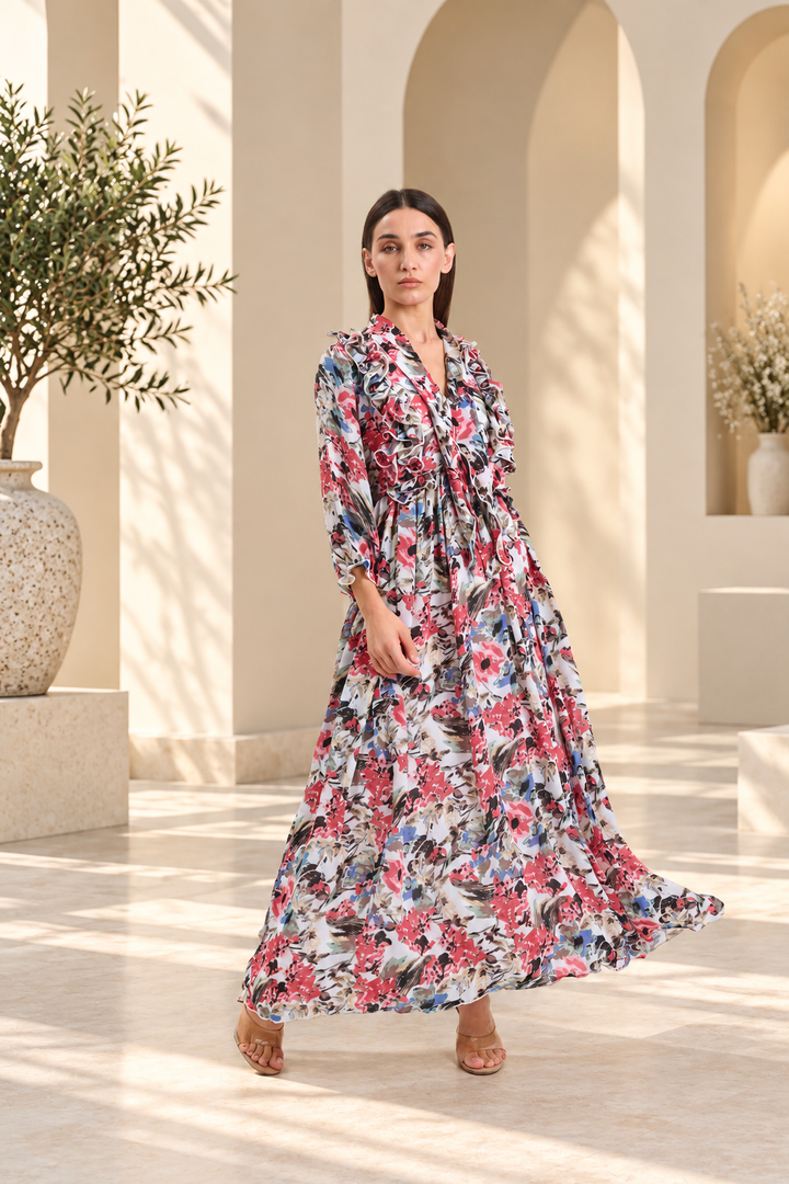 Floral ruffle Printed Chiffon Maxi