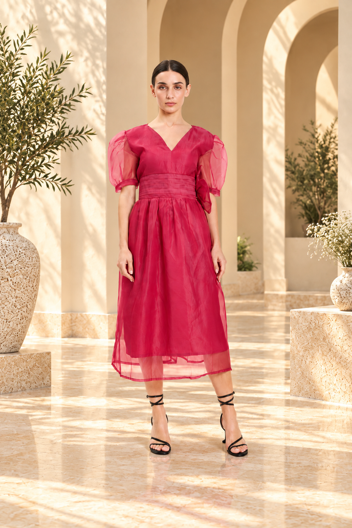 Fuchsia Organza Puff-Sleeve Dress