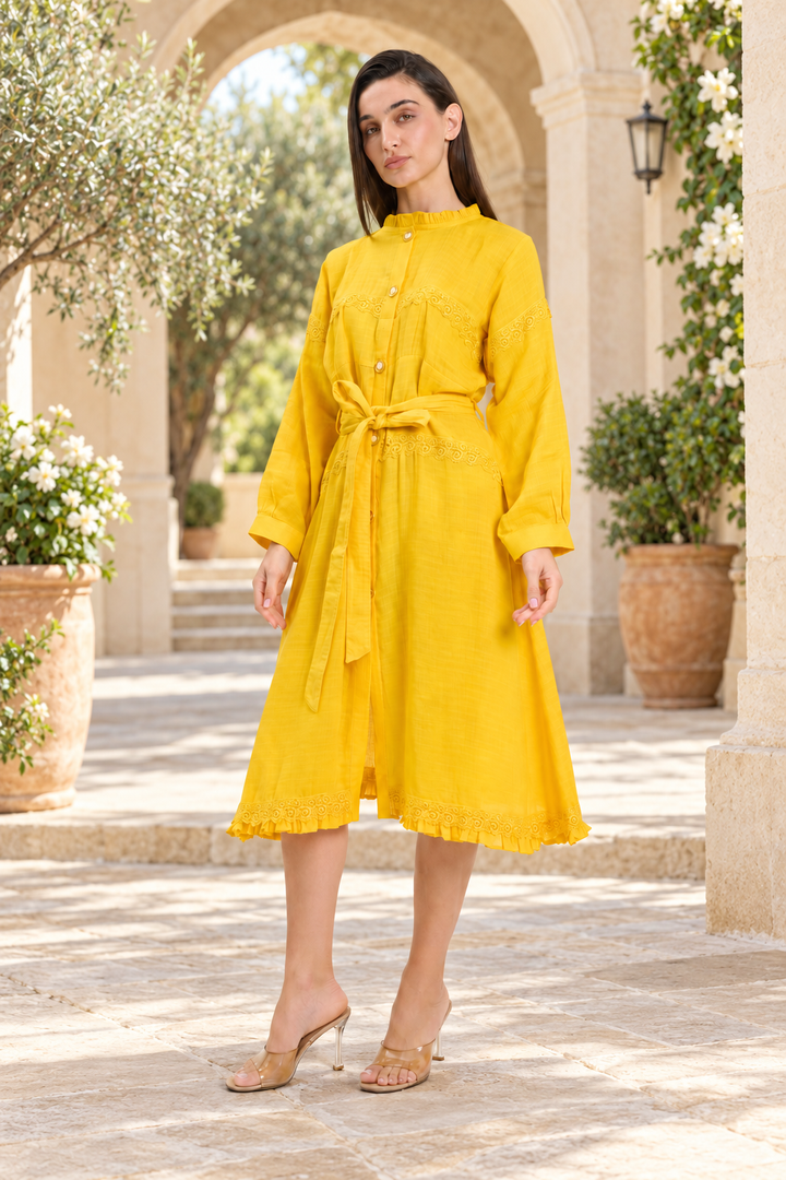 Bright Yellow Button-Down Midi Dress