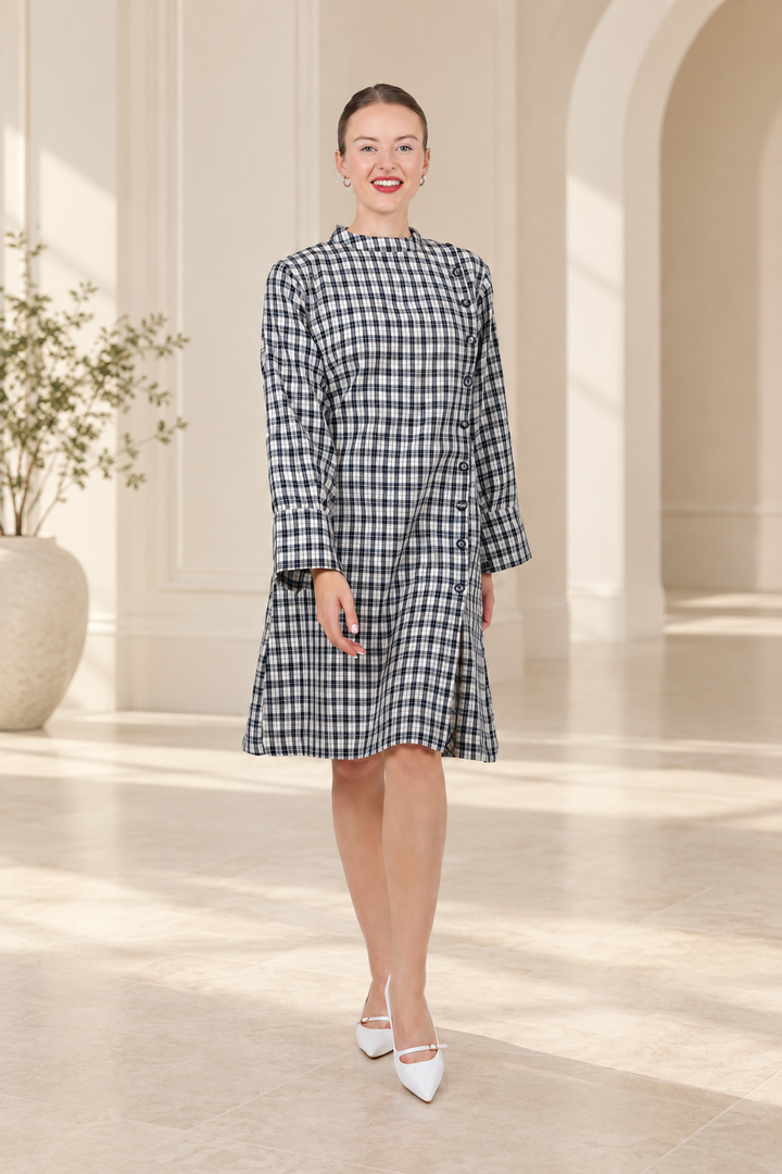 Mono Grid Asymmetrical Button Dress