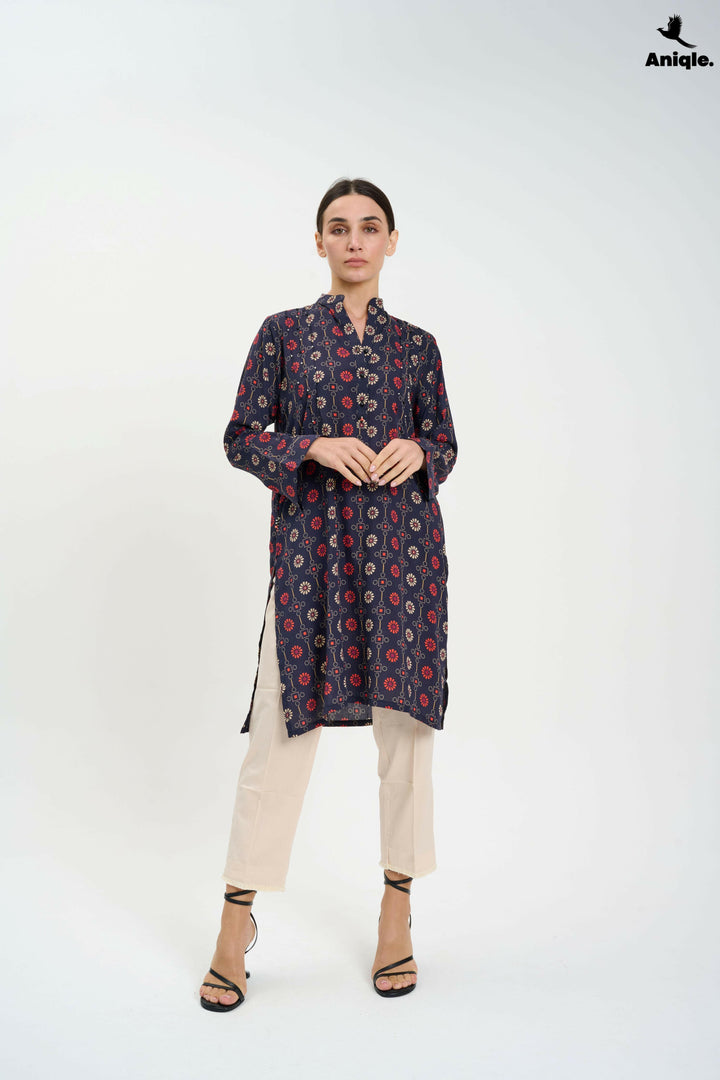 Black Printed Linen Tunic Shirt