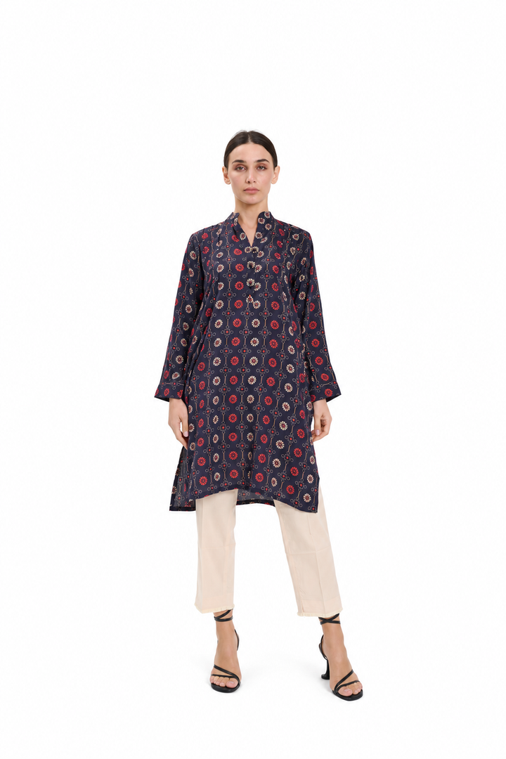Black Printed Linen Tunic Shirt