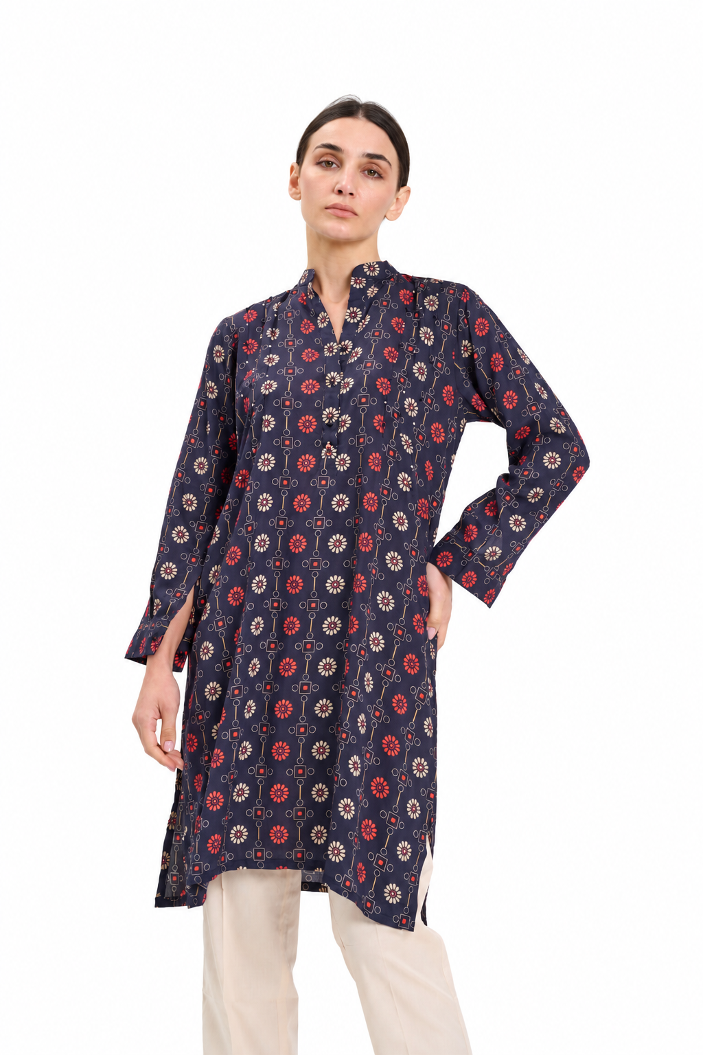 Black Printed Linen Tunic Shirt