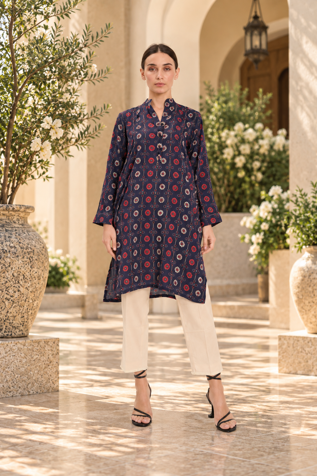 Black Printed Linen Tunic Shirt