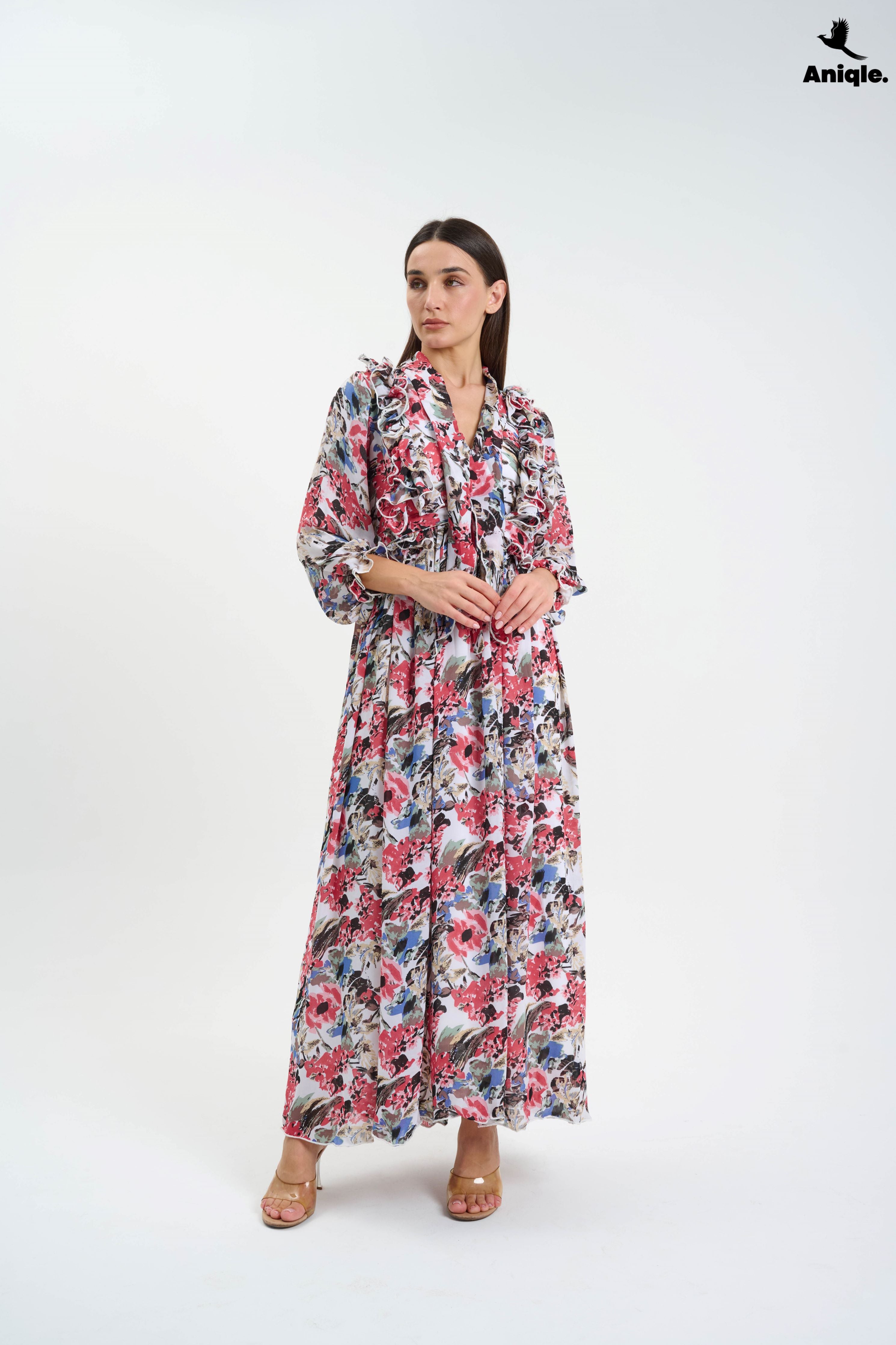 ANQ-10007  Floral ruffle Printed Chiffon Maxi