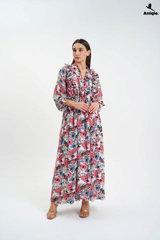 ANQ-10007  Floral ruffle Printed Chiffon Maxi