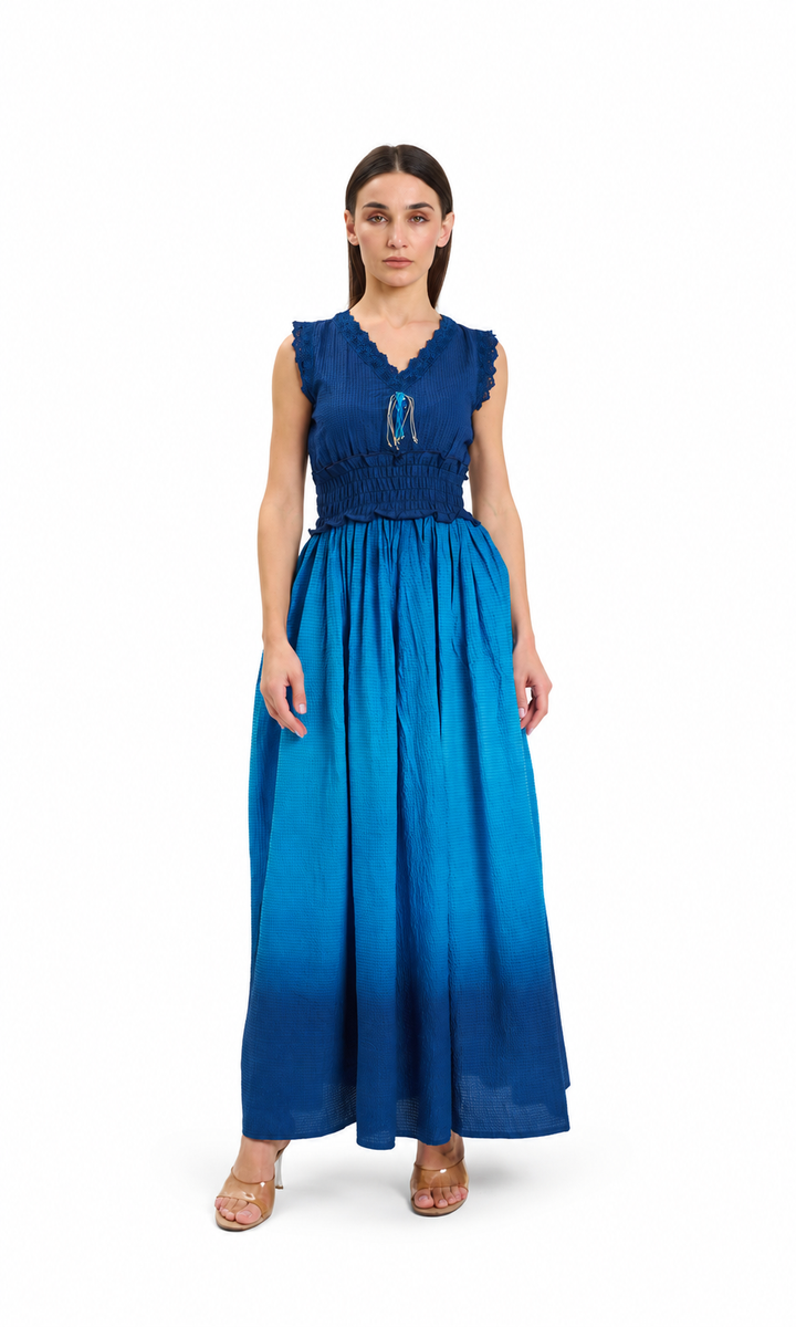 Navy Blue Tie and Dye Cotton Maxi Dress