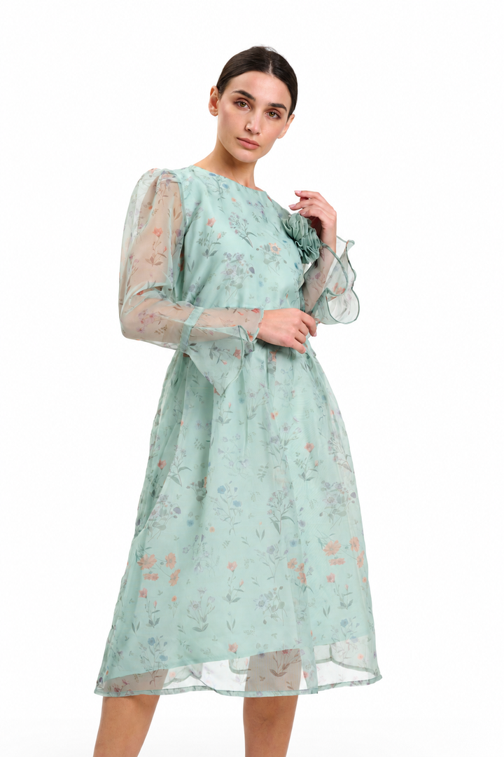 Pastel Floral Sheer  with Bell Sleeves Dress