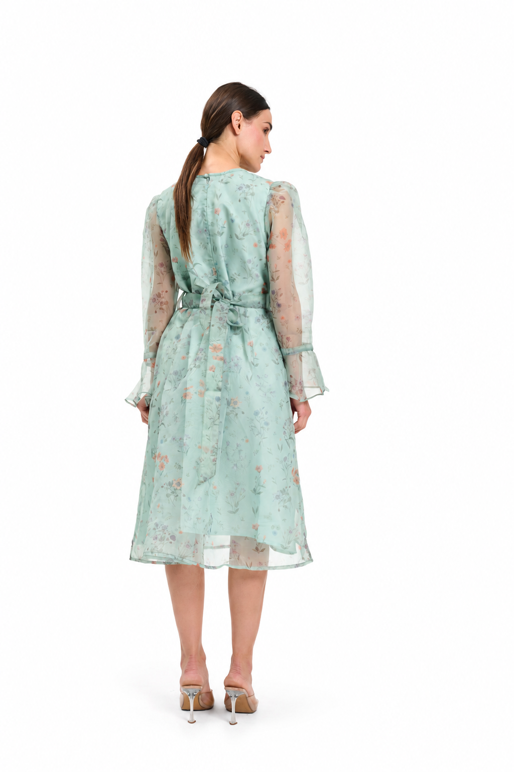 Pastel Floral Sheer  with Bell Sleeves Dress