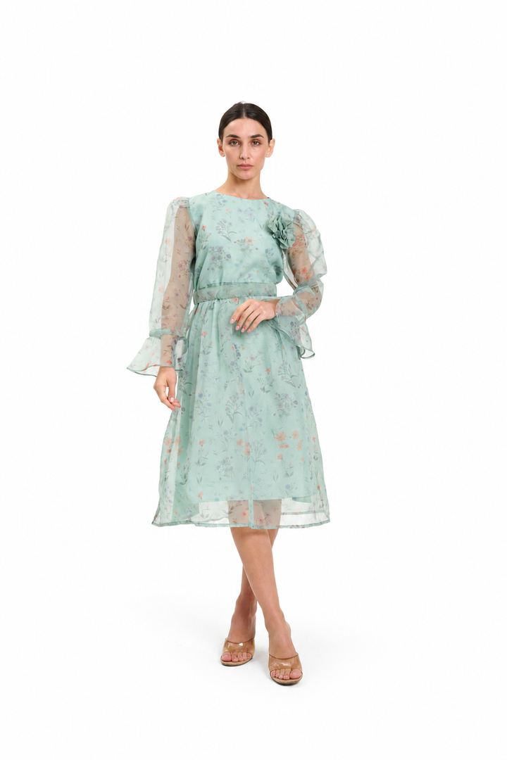 Pastel Floral Sheer  with Bell Sleeves Dress