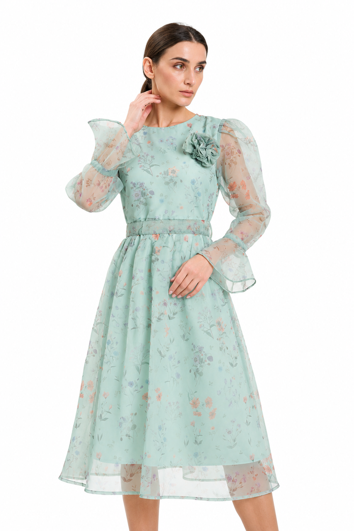 Pastel Floral Sheer  with Bell Sleeves Dress