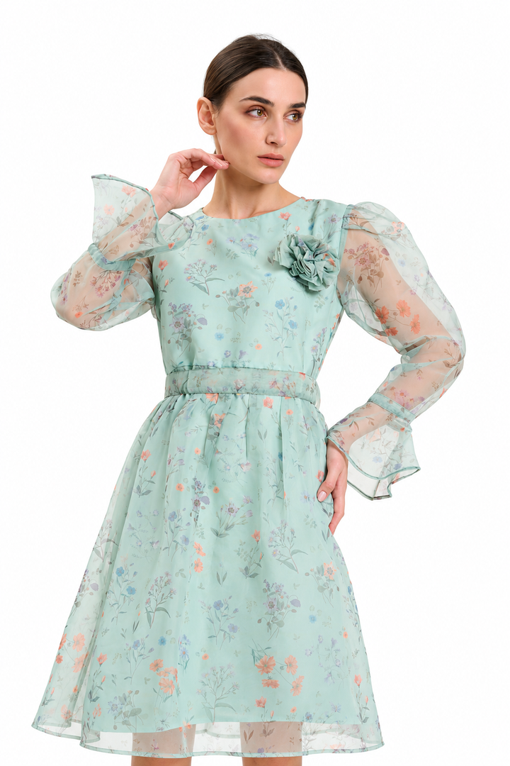 Pastel Floral Sheer  with Bell Sleeves Dress