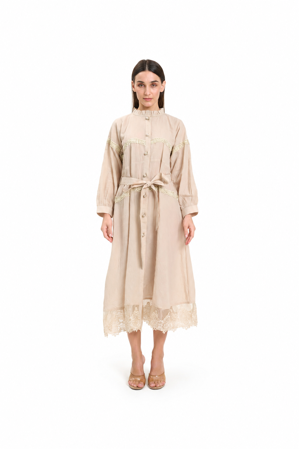Beige Lace-Trimmed Button-Down Midi Dress