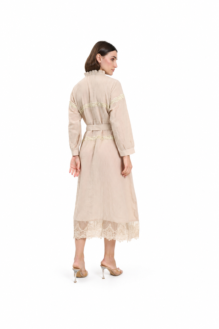 Beige Lace-Trimmed Button-Down Midi Dress