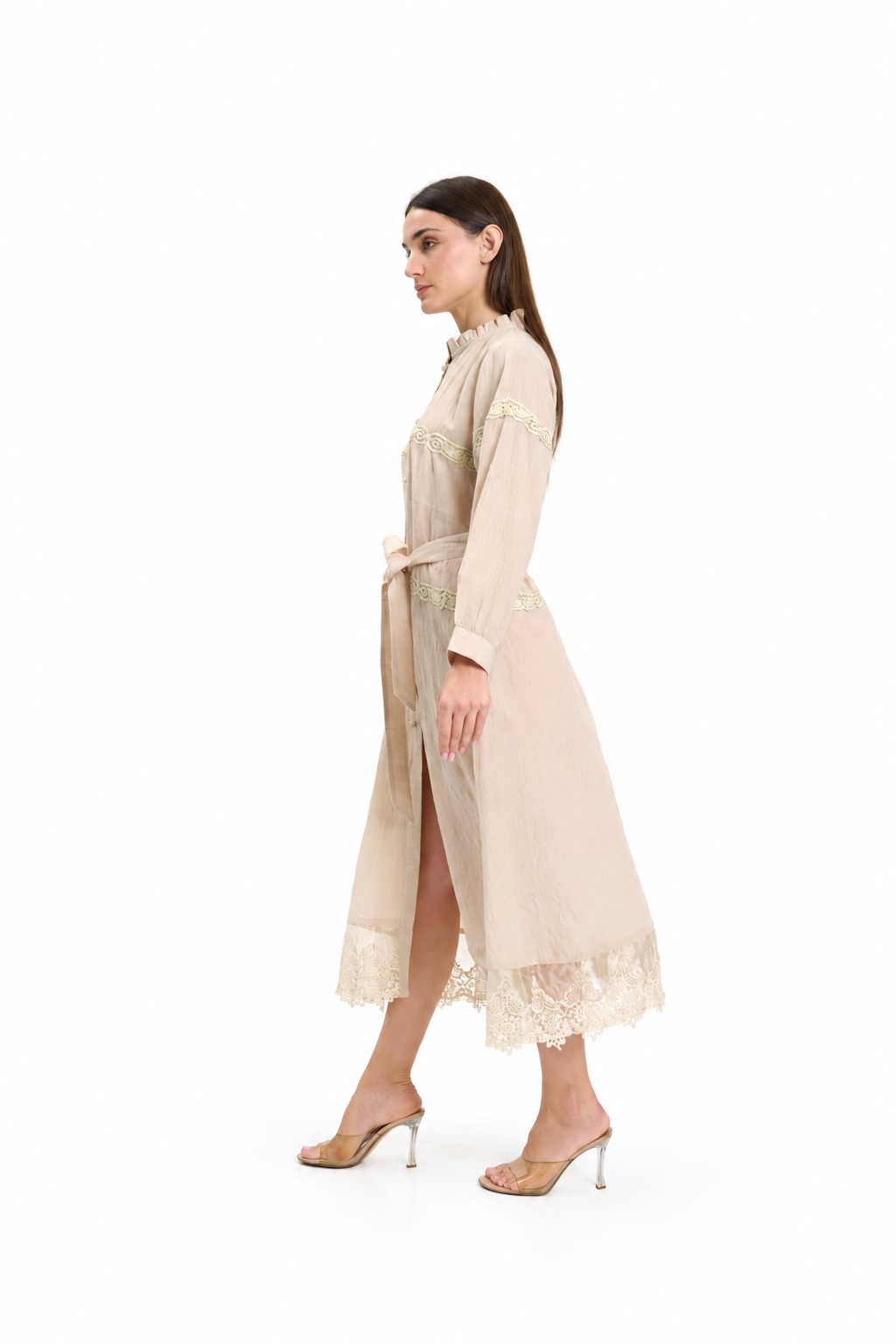Beige Lace-Trimmed Button-Down Midi Dress