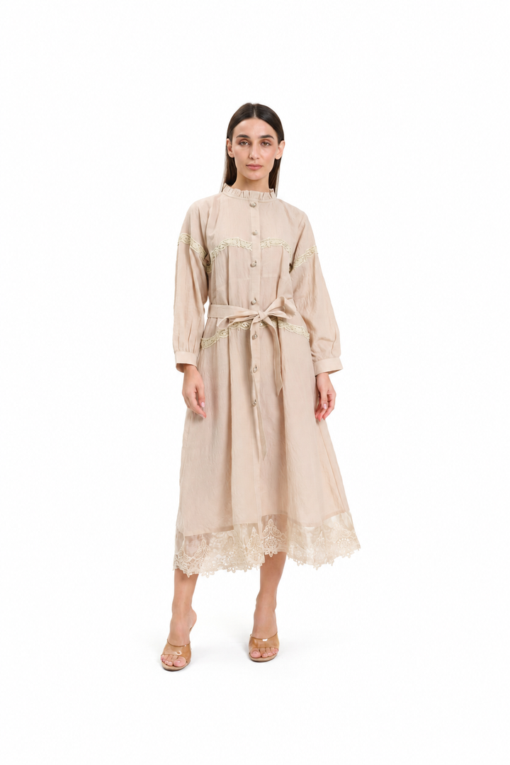 Beige Lace-Trimmed Button-Down Midi Dress