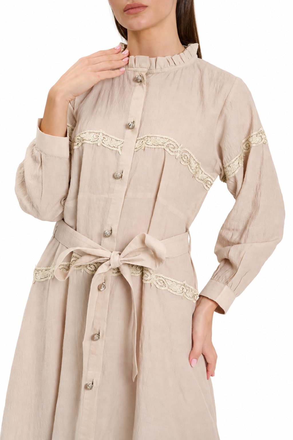 Beige Lace-Trimmed Button-Down Midi Dress