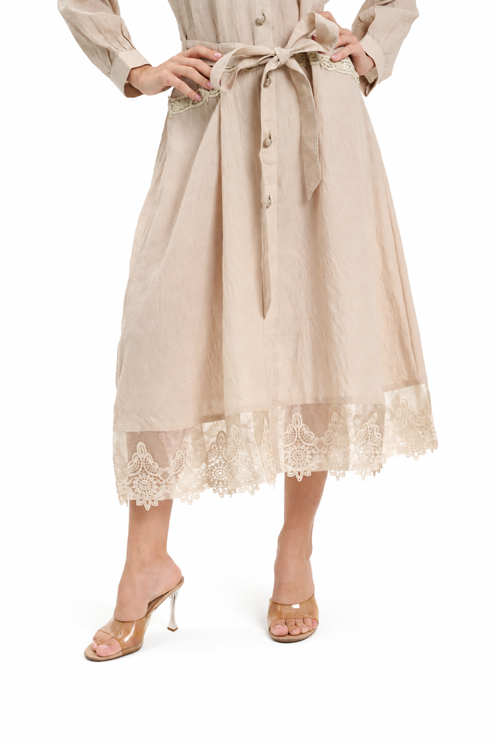 Beige Lace-Trimmed Button-Down Midi Dress