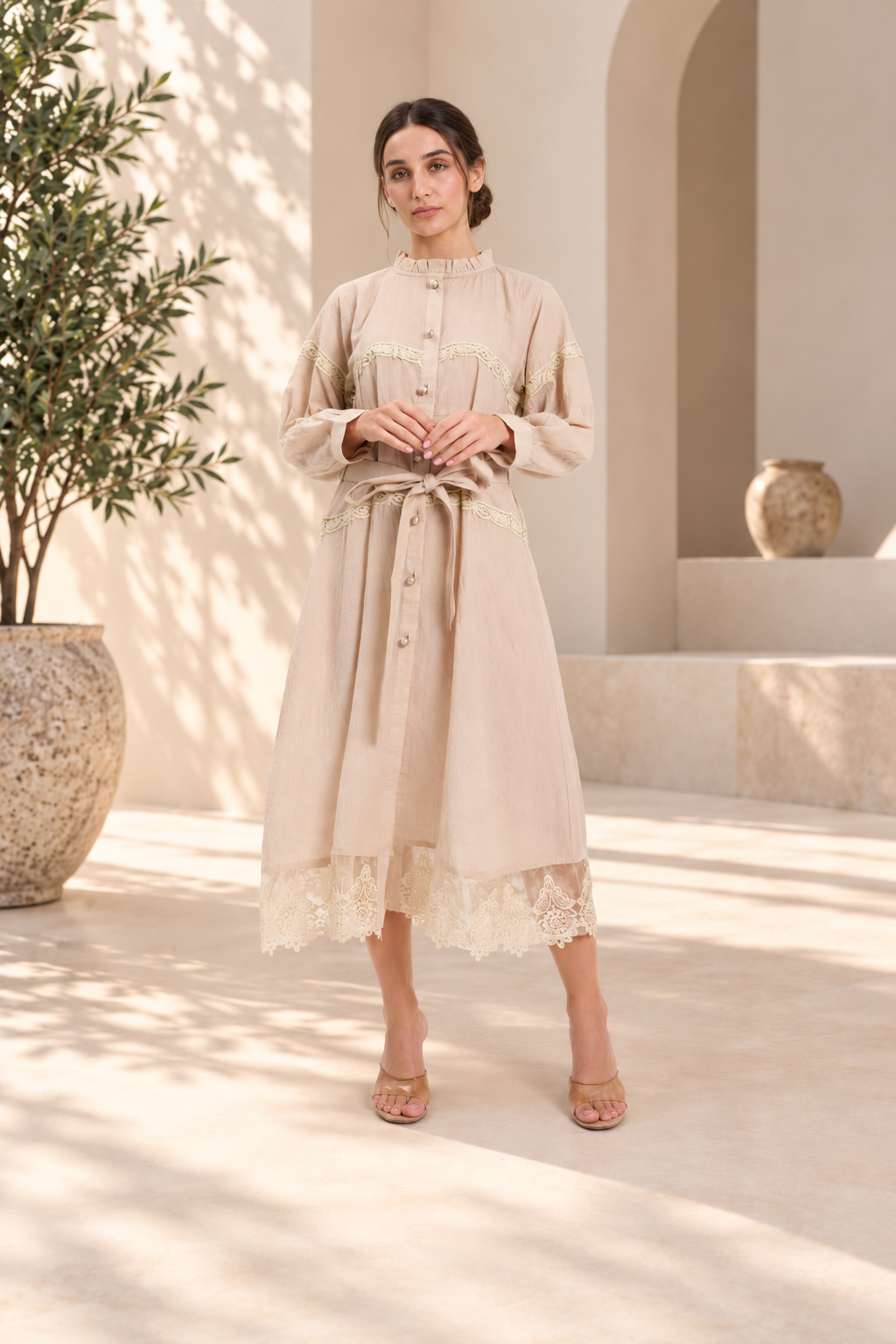 Beige Lace-Trimmed Button-Down Midi Dress