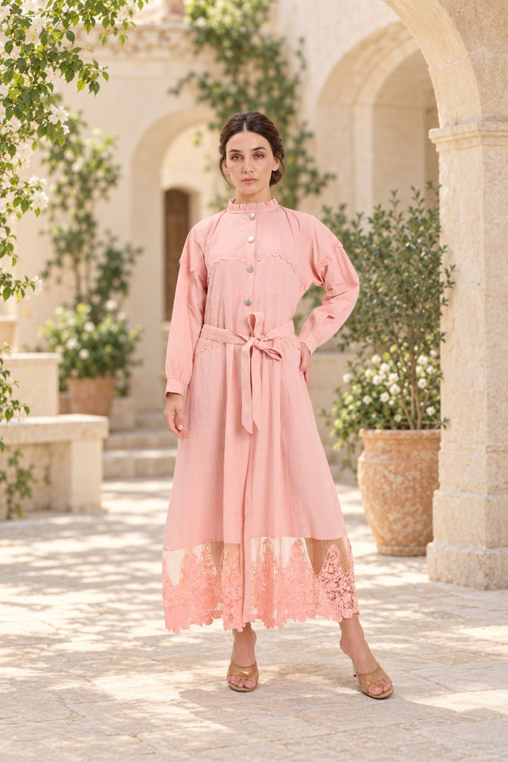 Blush Pink Lace-Trimmed Button-Down Midi Dress