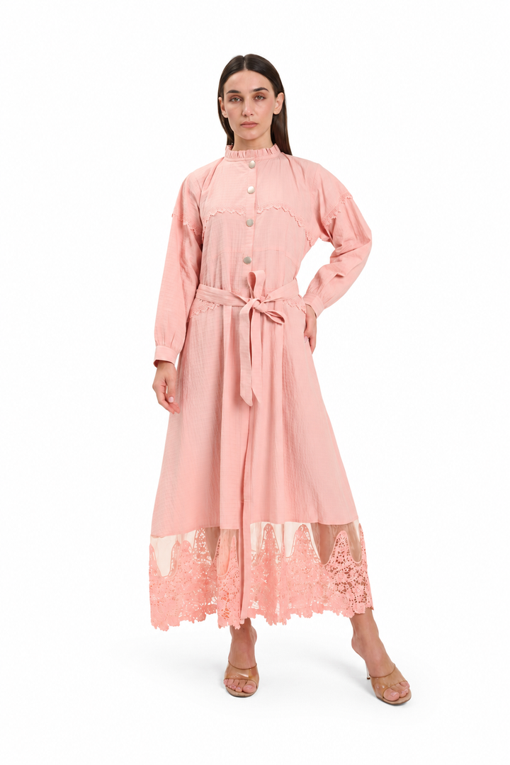 Blush Pink Lace-Trimmed Button-Down Midi Dress