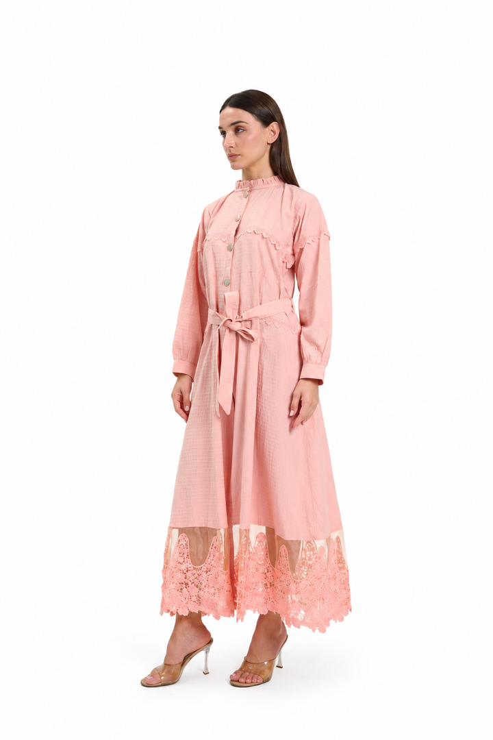 Blush Pink Lace-Trimmed Button-Down Midi Dress