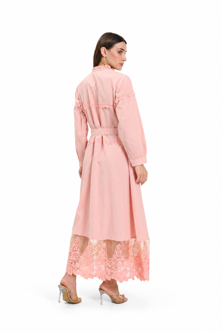 Blush Pink Lace-Trimmed Button-Down Midi Dress