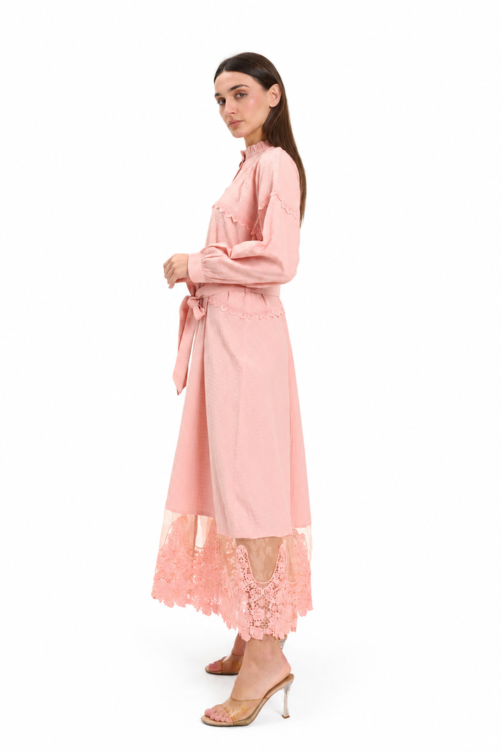Blush Pink Lace-Trimmed Button-Down Midi Dress
