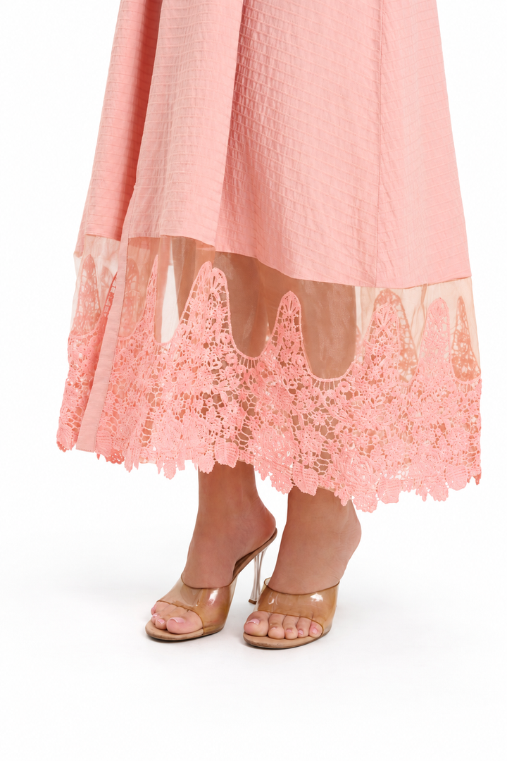 Blush Pink Lace-Trimmed Button-Down Midi Dress