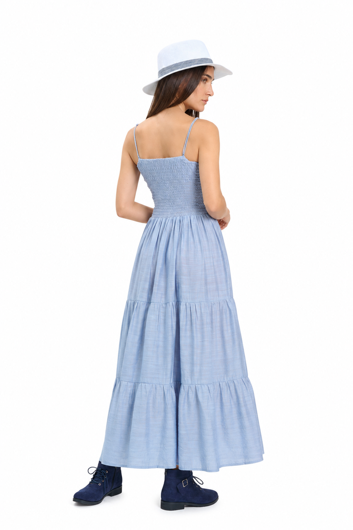 Light Blue Tiered Maxi Dress with Smocked Bodice