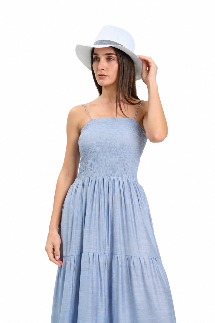 Light Blue Tiered Maxi Dress with Smocked Bodice