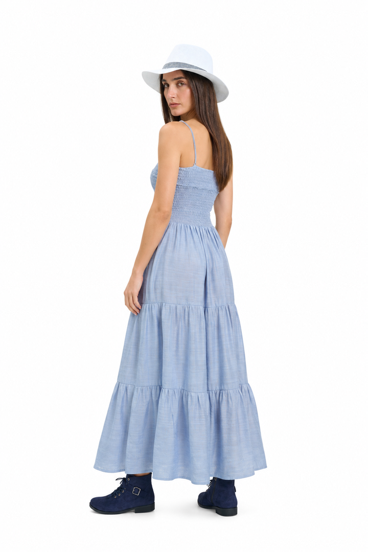 Light Blue Tiered Maxi Dress with Smocked Bodice