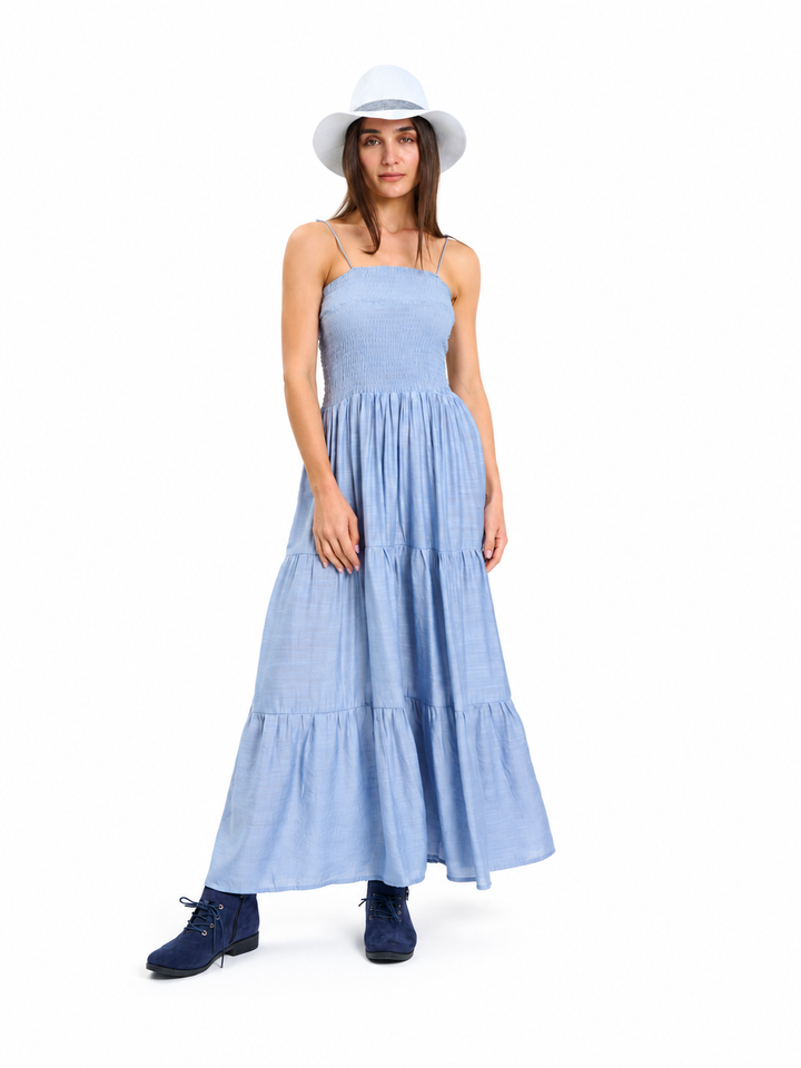 Light Blue Tiered Maxi Dress with Smocked Bodice