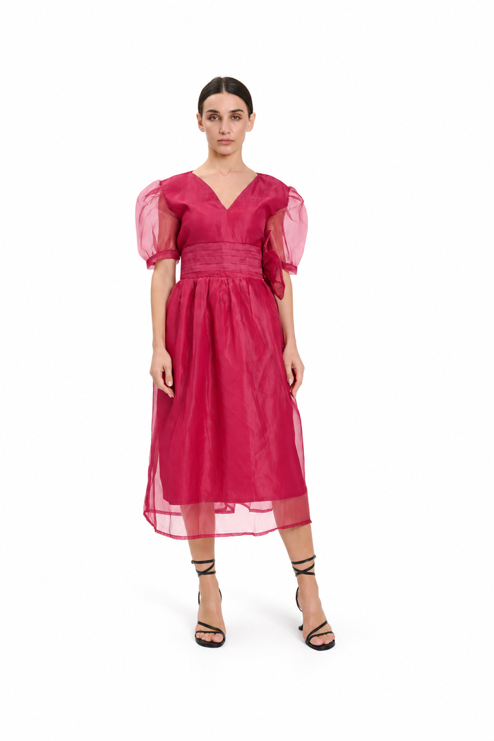 Fuchsia Organza Puff-Sleeve Dress