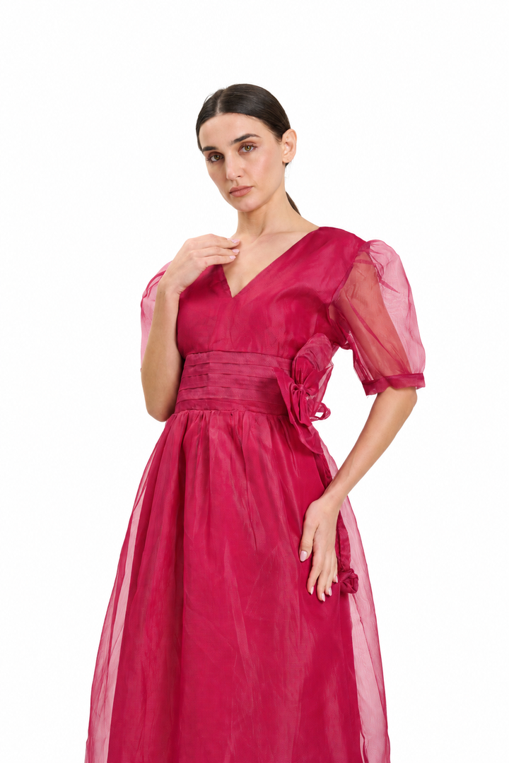 Fuchsia Organza Puff-Sleeve Dress