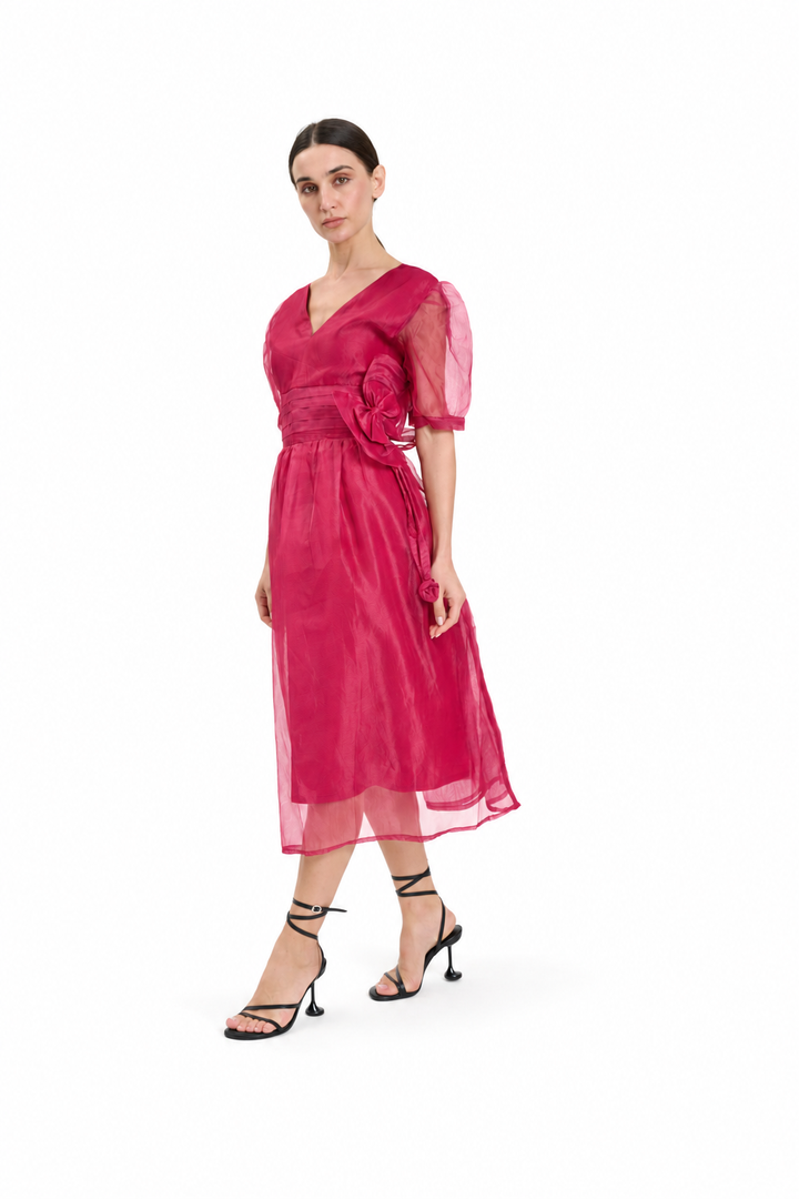 Fuchsia Organza Puff-Sleeve Dress