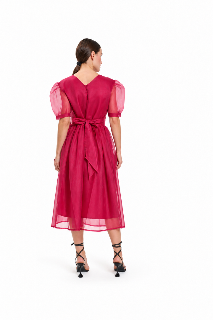 Fuchsia Organza Puff-Sleeve Dress