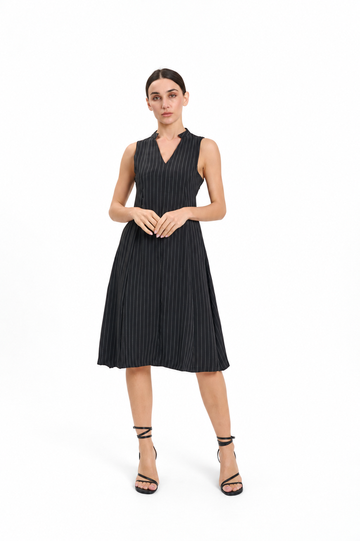 Black Sleeveless Pinstripe Midi Dress