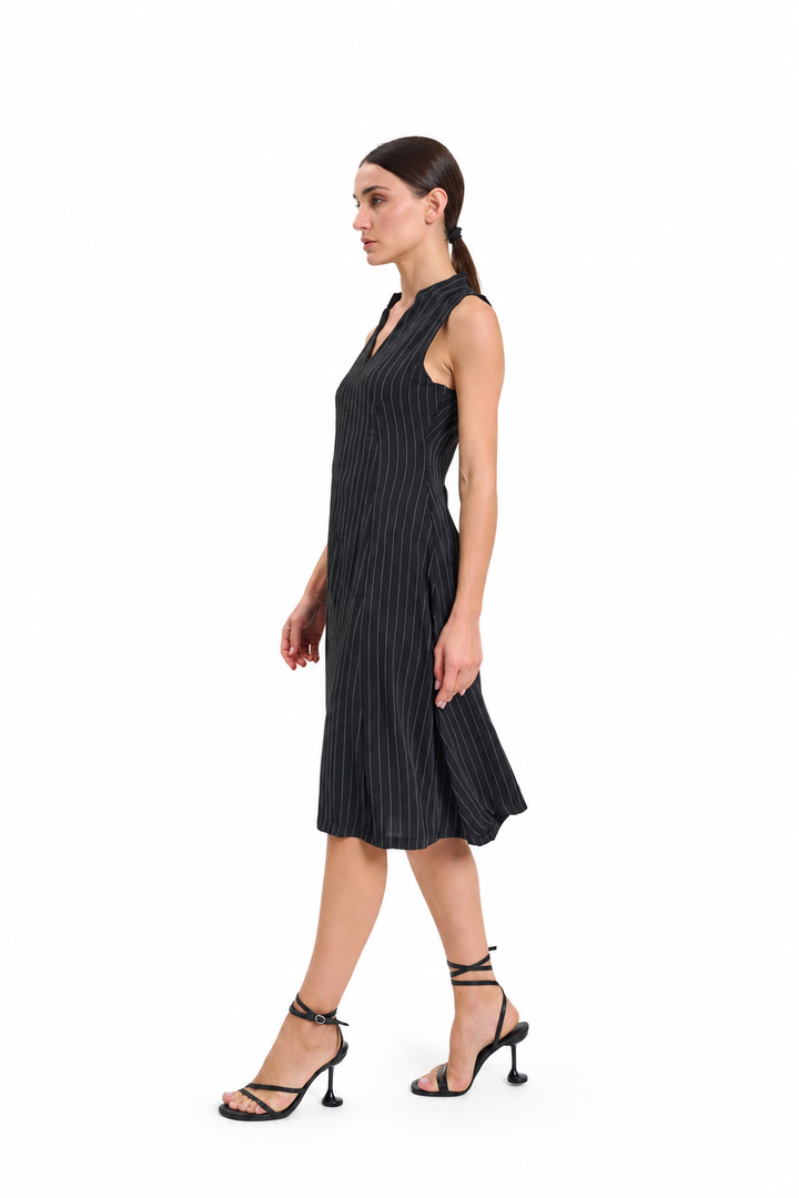 Black Sleeveless Pinstripe Midi Dress