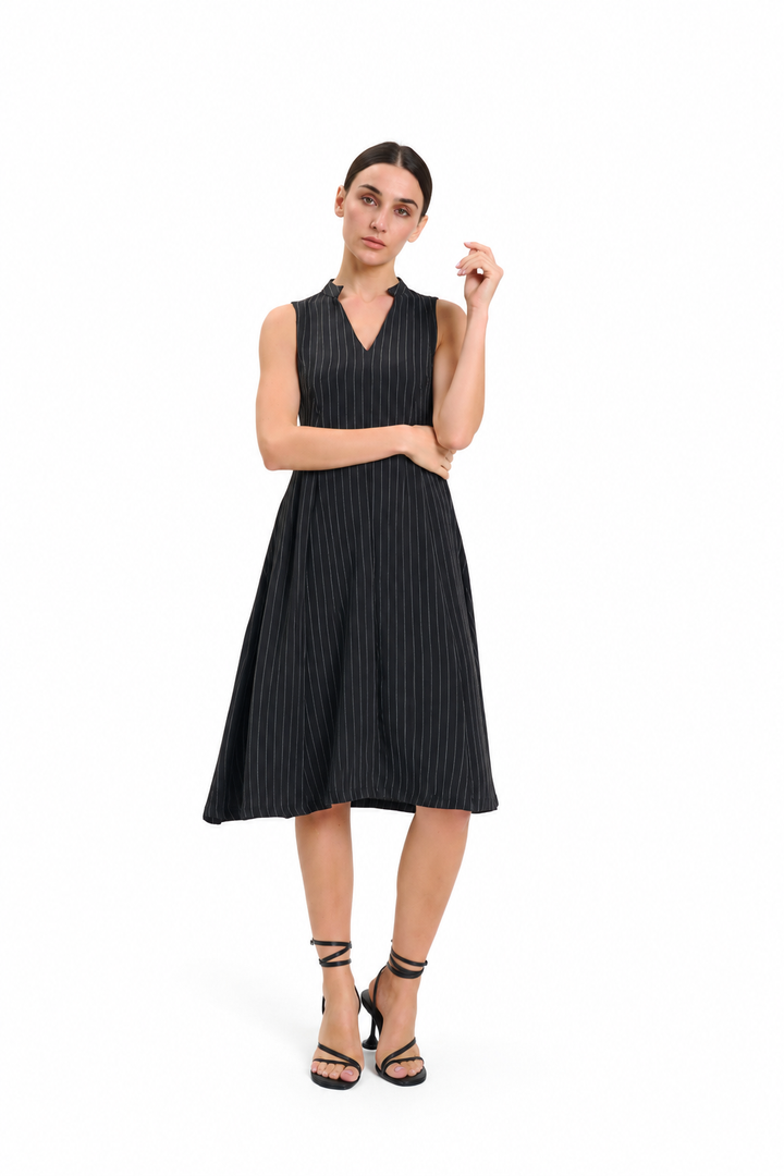 Black Sleeveless Pinstripe Midi Dress
