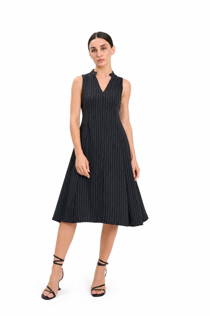 Black Sleeveless Pinstripe Midi Dress