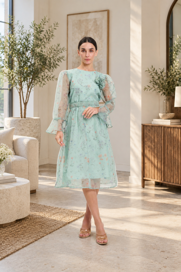 Pastel Floral Sheer  with Bell Sleeves Dress