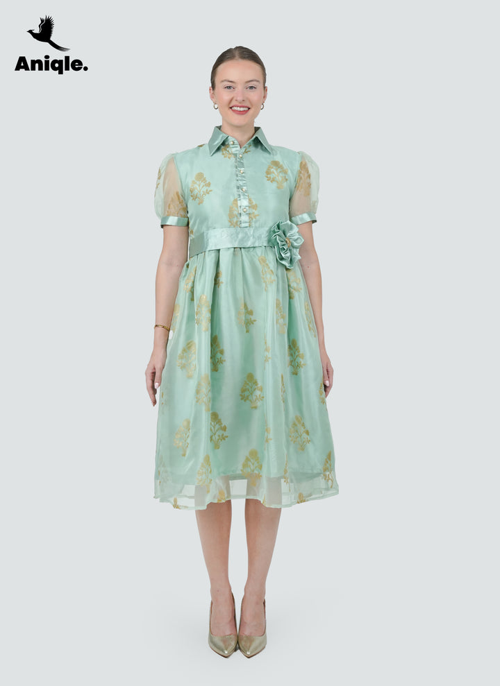 Mint Bloom Printed Organza Dress