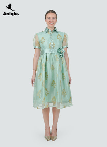 ANQ-10036-Mint Bloom Printed Organza Dress