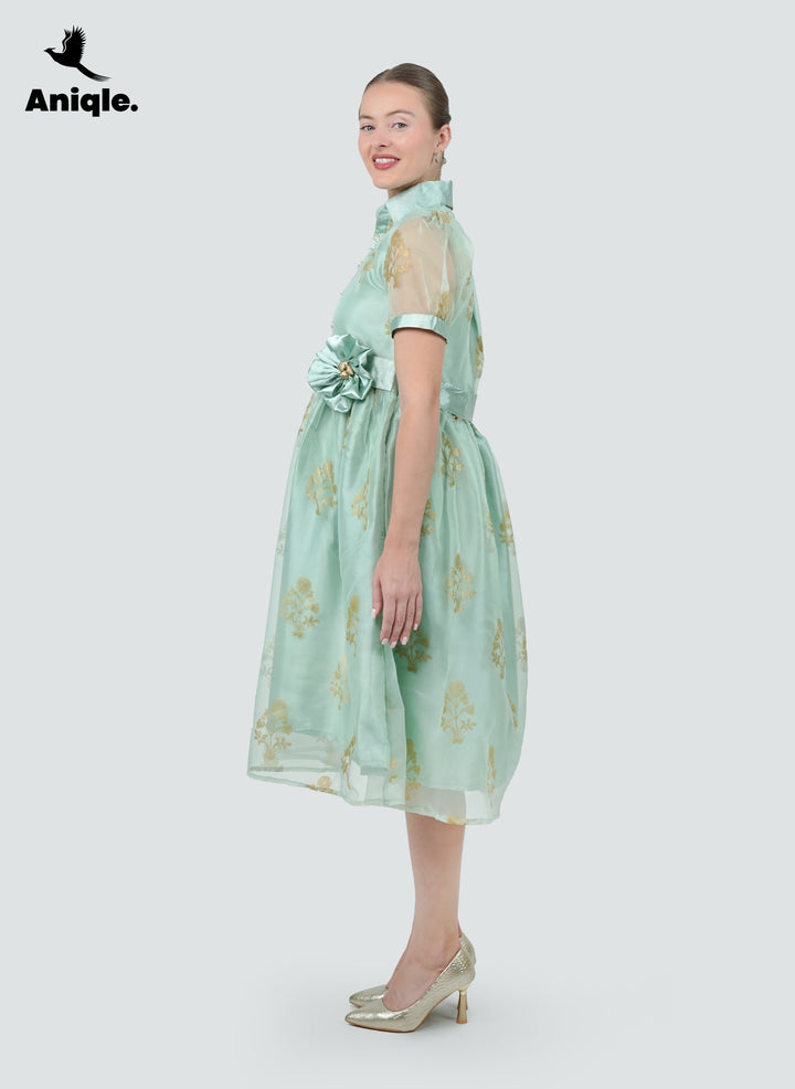 Mint Bloom Printed Organza Dress
