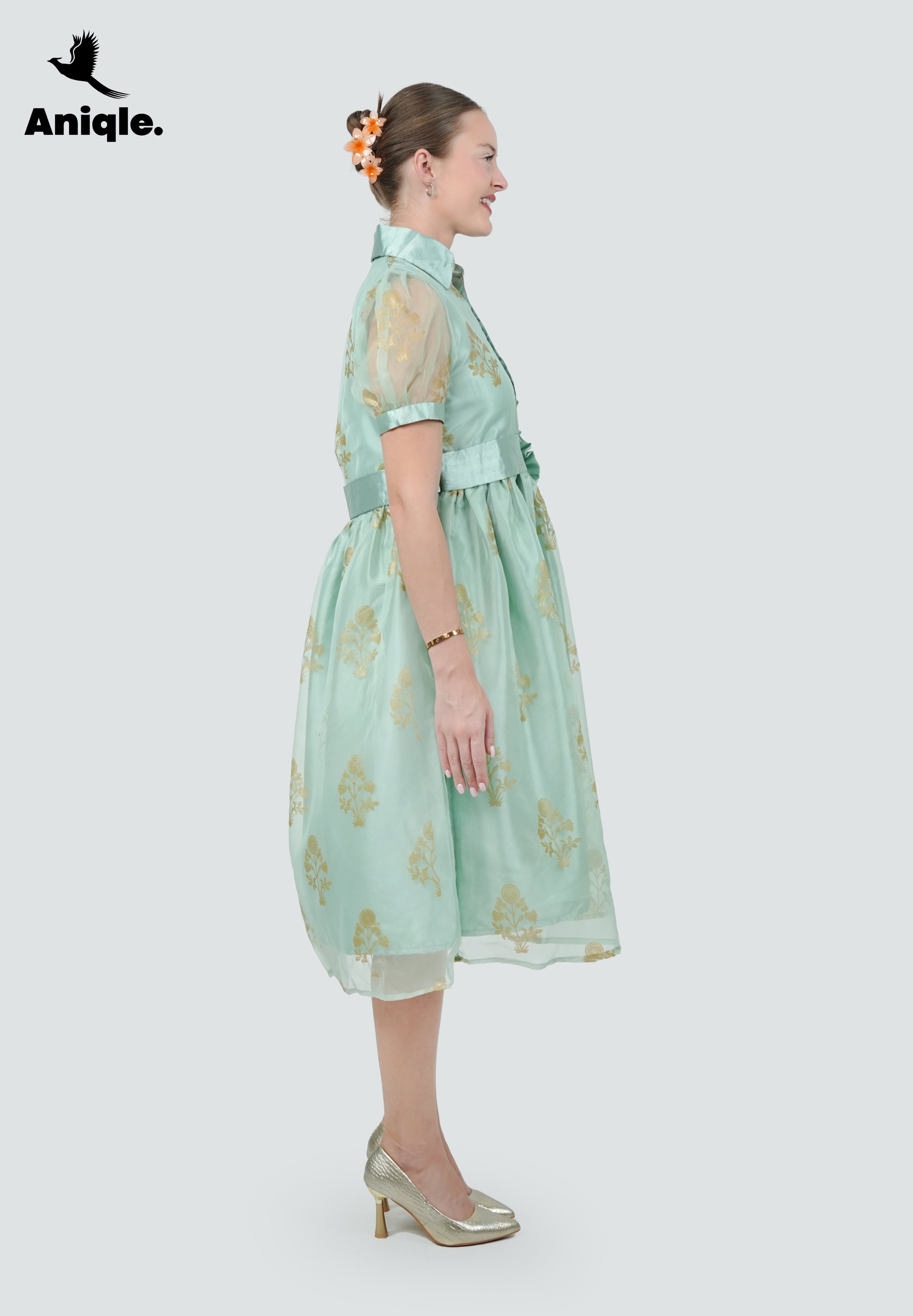 ANQ-10036-Mint Bloom Printed Organza Dress