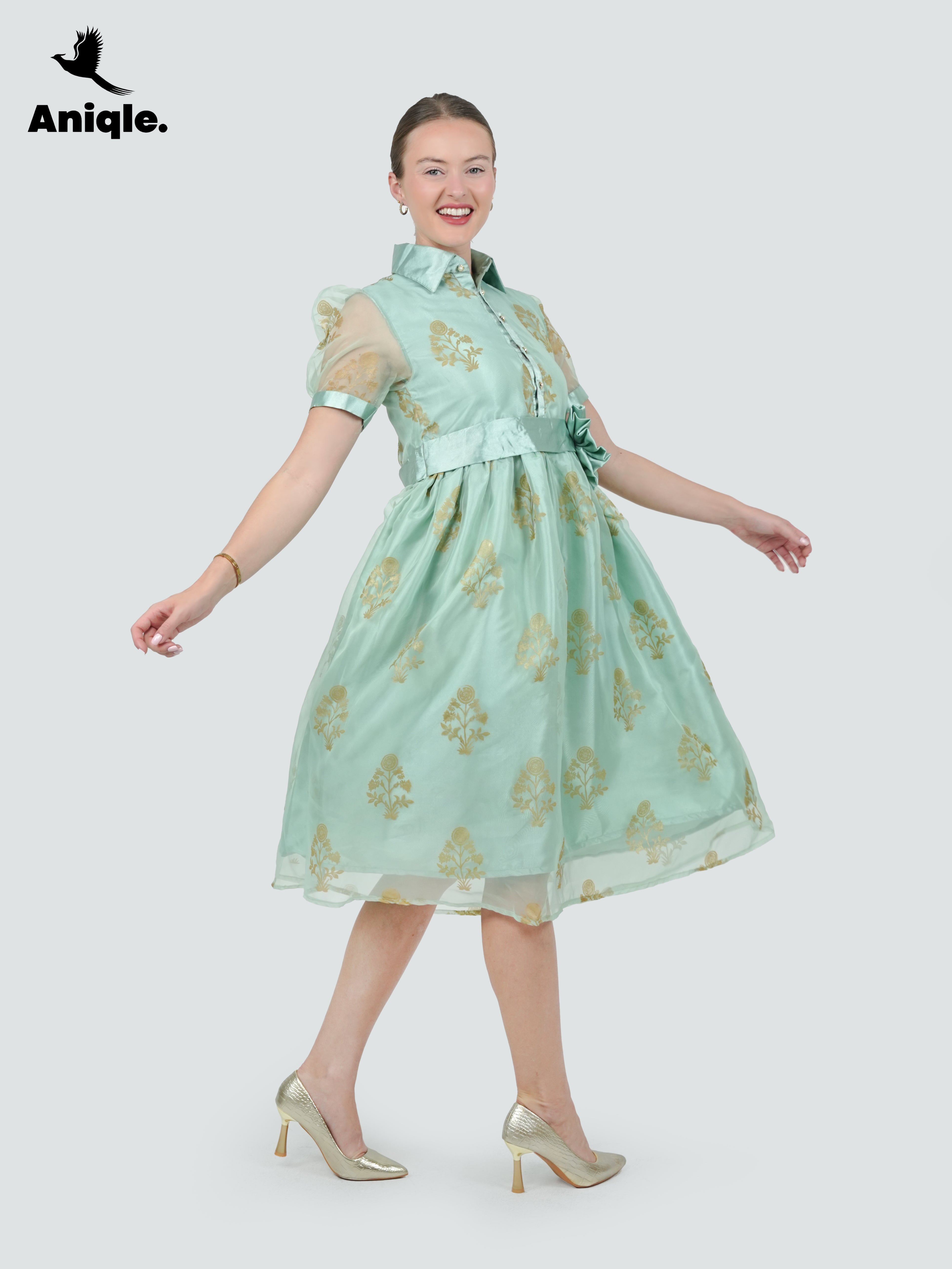 ANQ-10036-Mint Bloom Printed Organza Dress