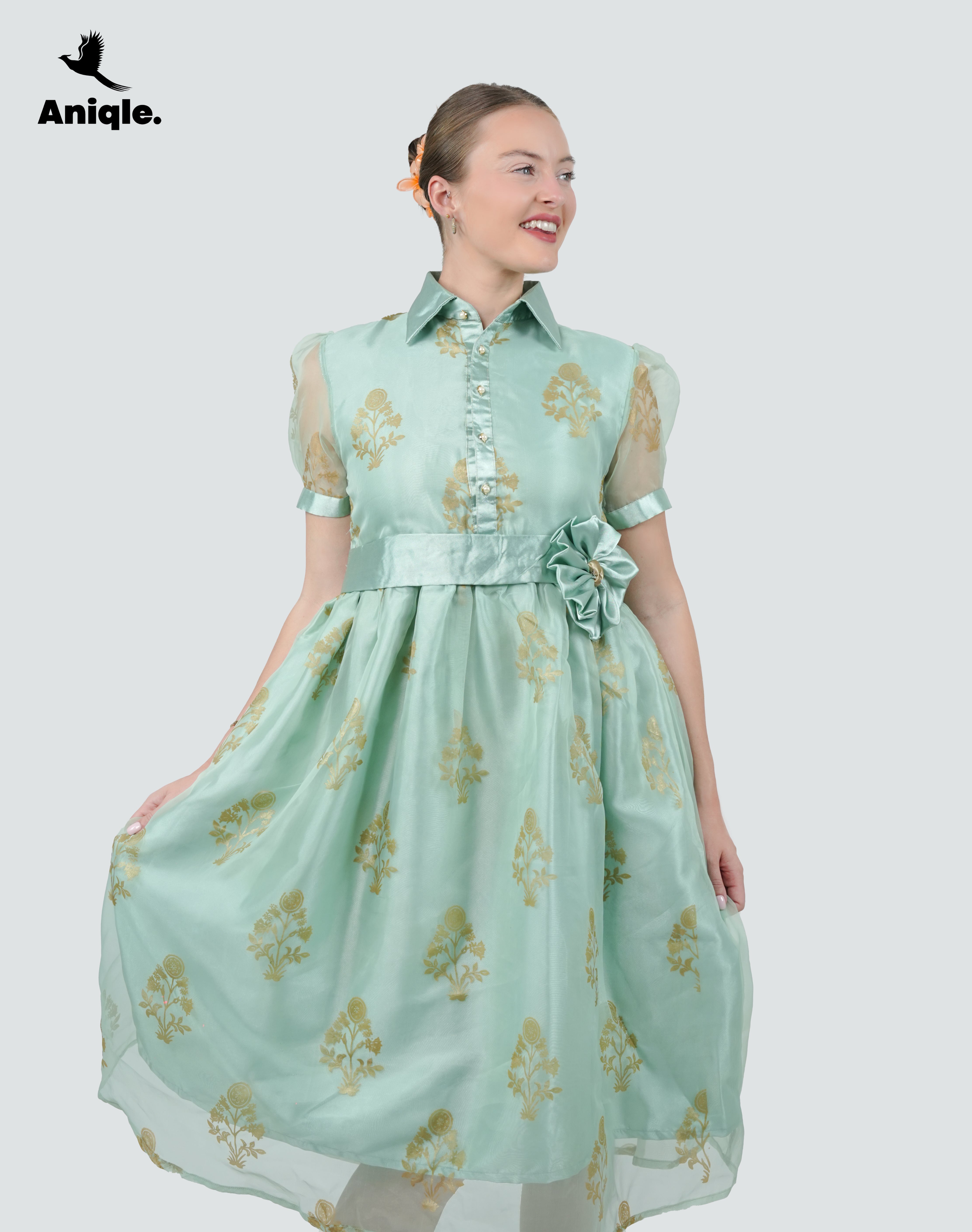 ANQ-10036-Mint Bloom Printed Organza Dress