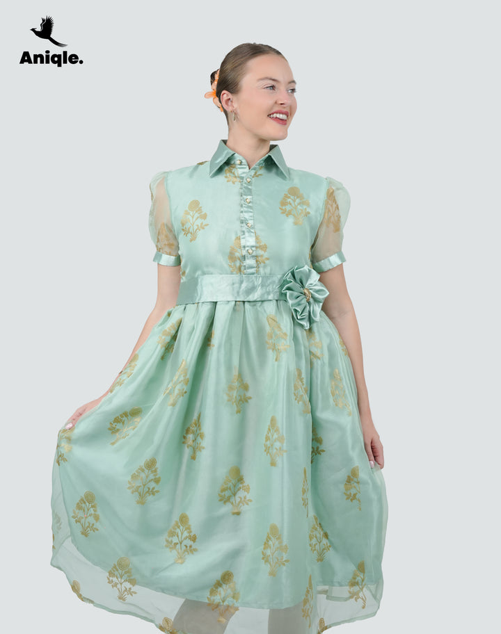 Mint Bloom Printed Organza Dress