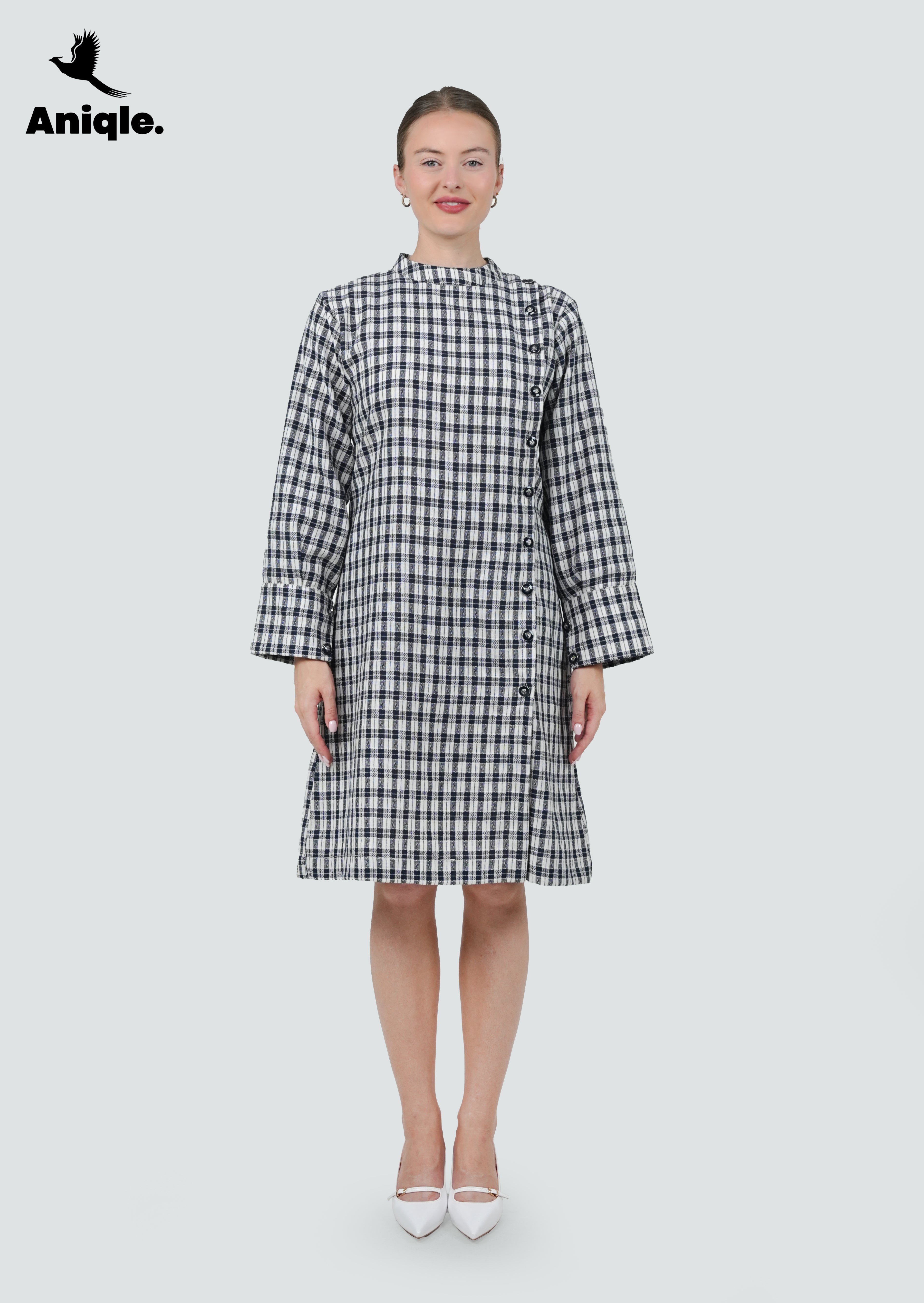 ANQ-10035-Mono Grid Asymmetrical Button Dress